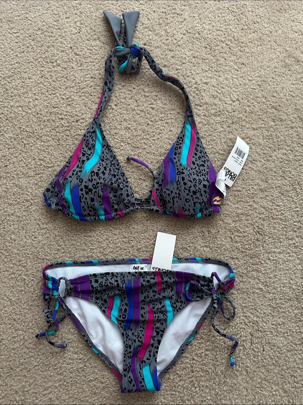 NWT Billabong Gray Bikini with Teal, Purple & Pink Stripes